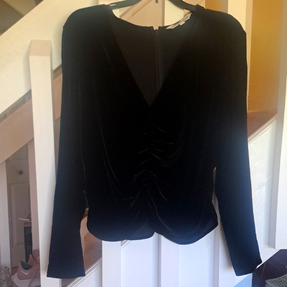 Veronica Beard Pelona Black Stretch Velvet Ruched Long Sleeve VNeck Top 12 EUC - Picture 1 of 7
